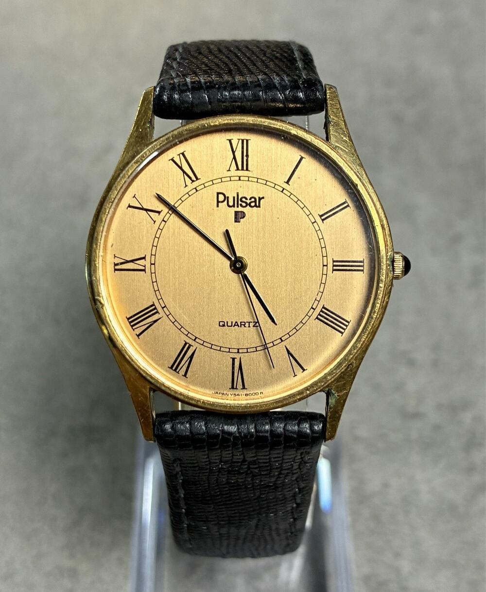 Pulsar Men's Slim Gold Tone Watch Y541-8009 Roman Numeral Dial 33mm Working Rare